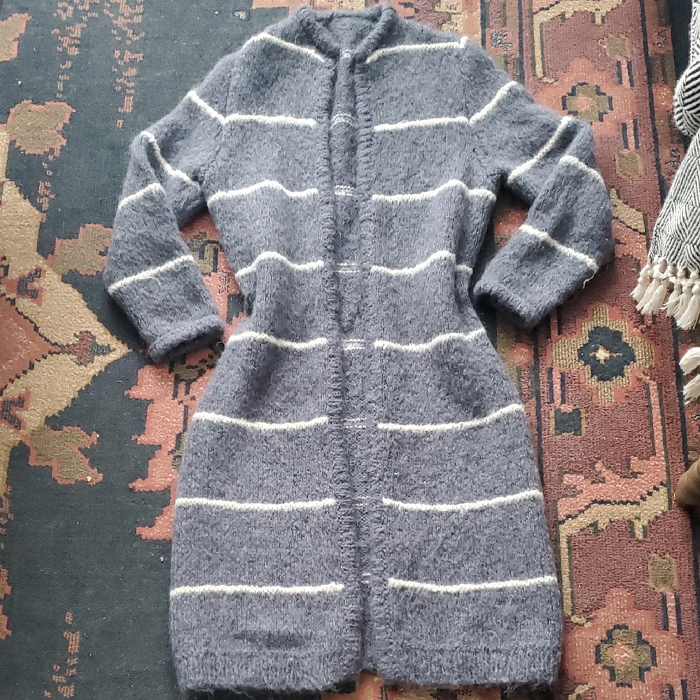 Cozy Striped Grayus Blue & Cream Women's Long Cardigan | Fuzzy Mohair-Style Knit
